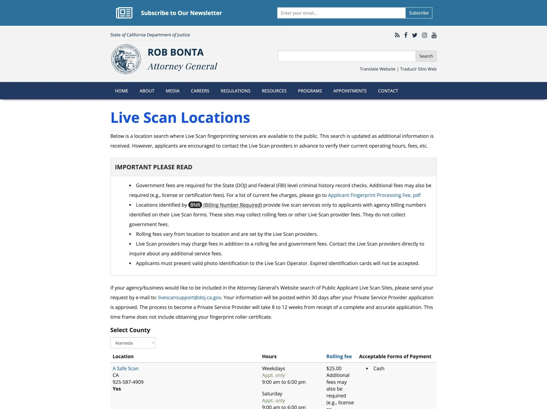 California DOJ Live Scan Locations search page