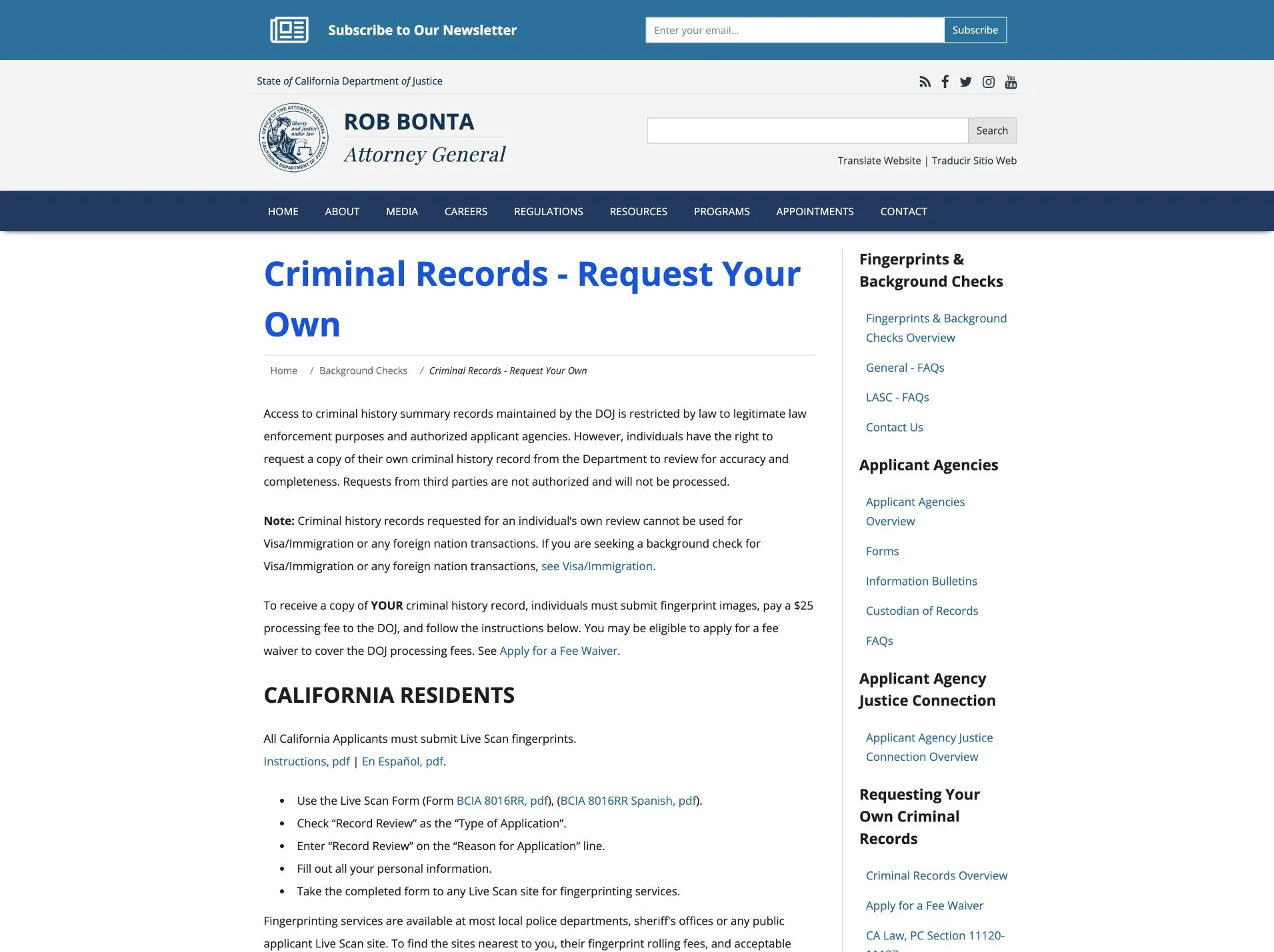 California DOJ Criminal Records Request Your Own webpage