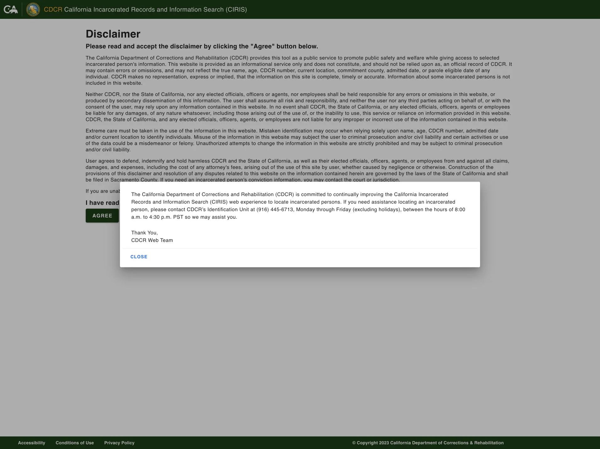 CDCR California Incarcerated Records and Information Search disclaimer