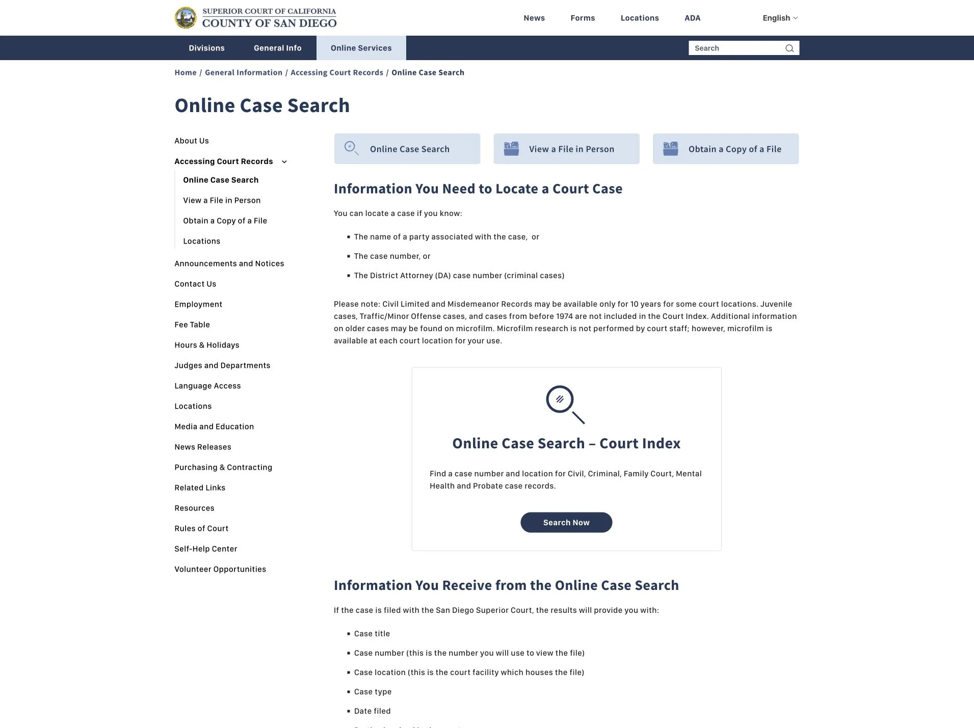 San Diego Superior Court Online Case Search information page