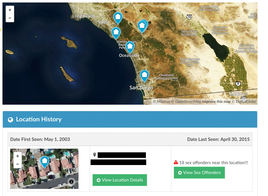 Instant Checkmate location history section