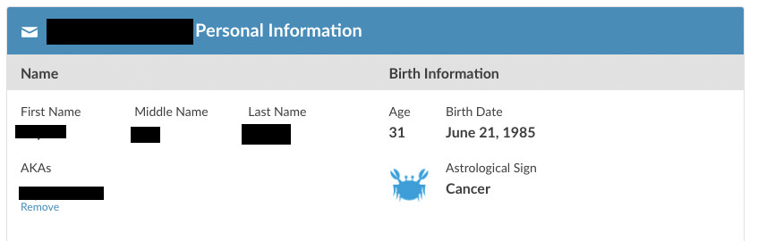 Instant Checkmate personal information section
