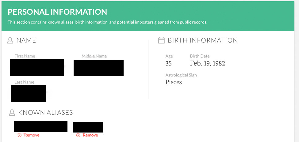 TruthFinder personal information report section